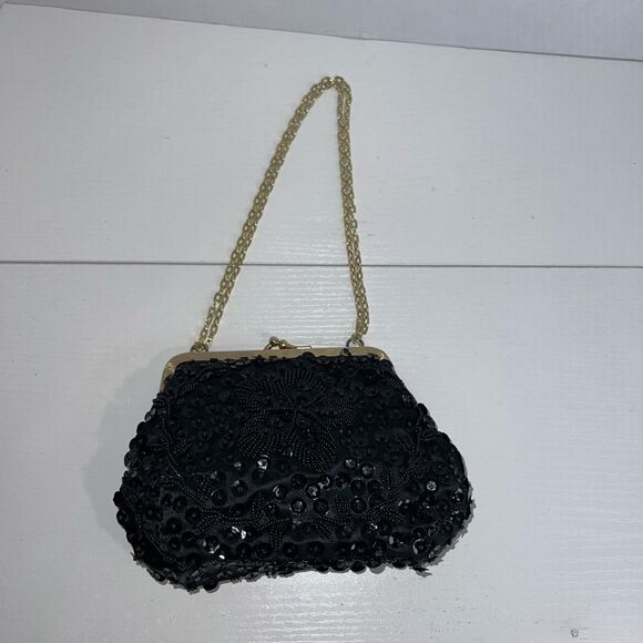 Fine Arts Bag Vintage Black and Gold Beaded Sequins Purse Made in Hong Kong - Picture 1 of 7